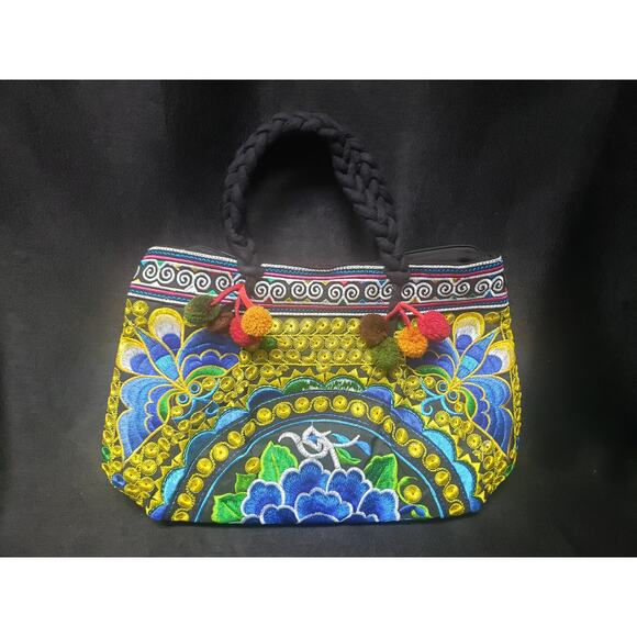 Multi Colored Floral Embroidered Quilt Fabric Hand Bag Purse | 100% Cotton - Picture 7 of 7